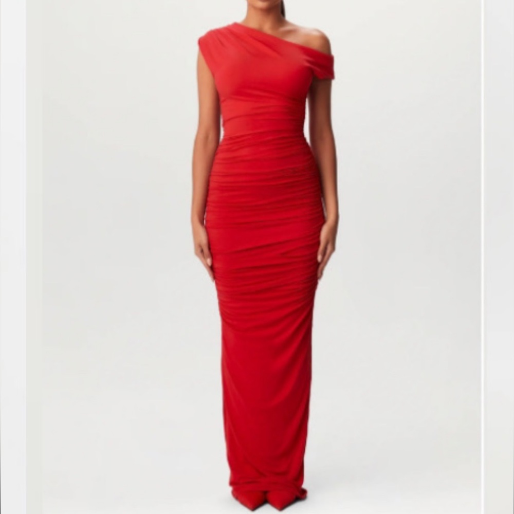 Naked Wardrobe Vibrant Red One-Shoulder Maxi Dress